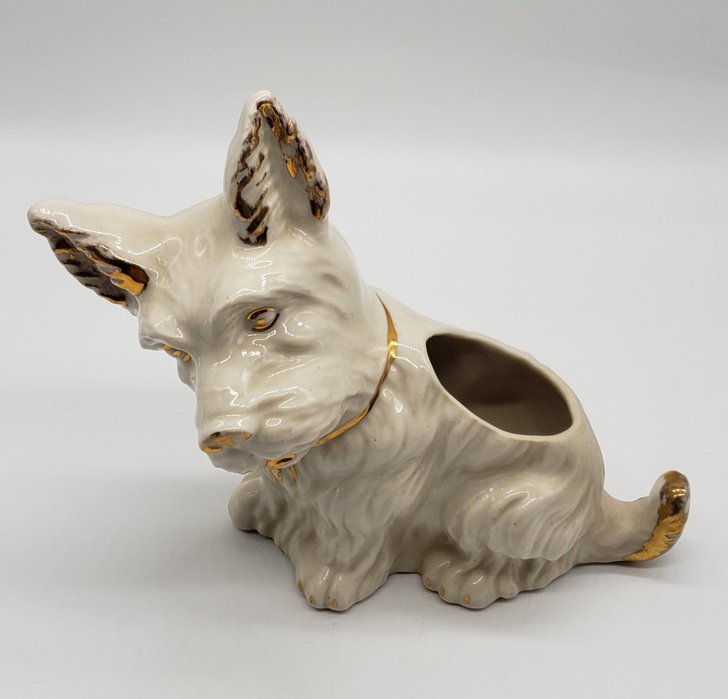 White Ceramic Terrier Scottie Dog Planter Gold Trim