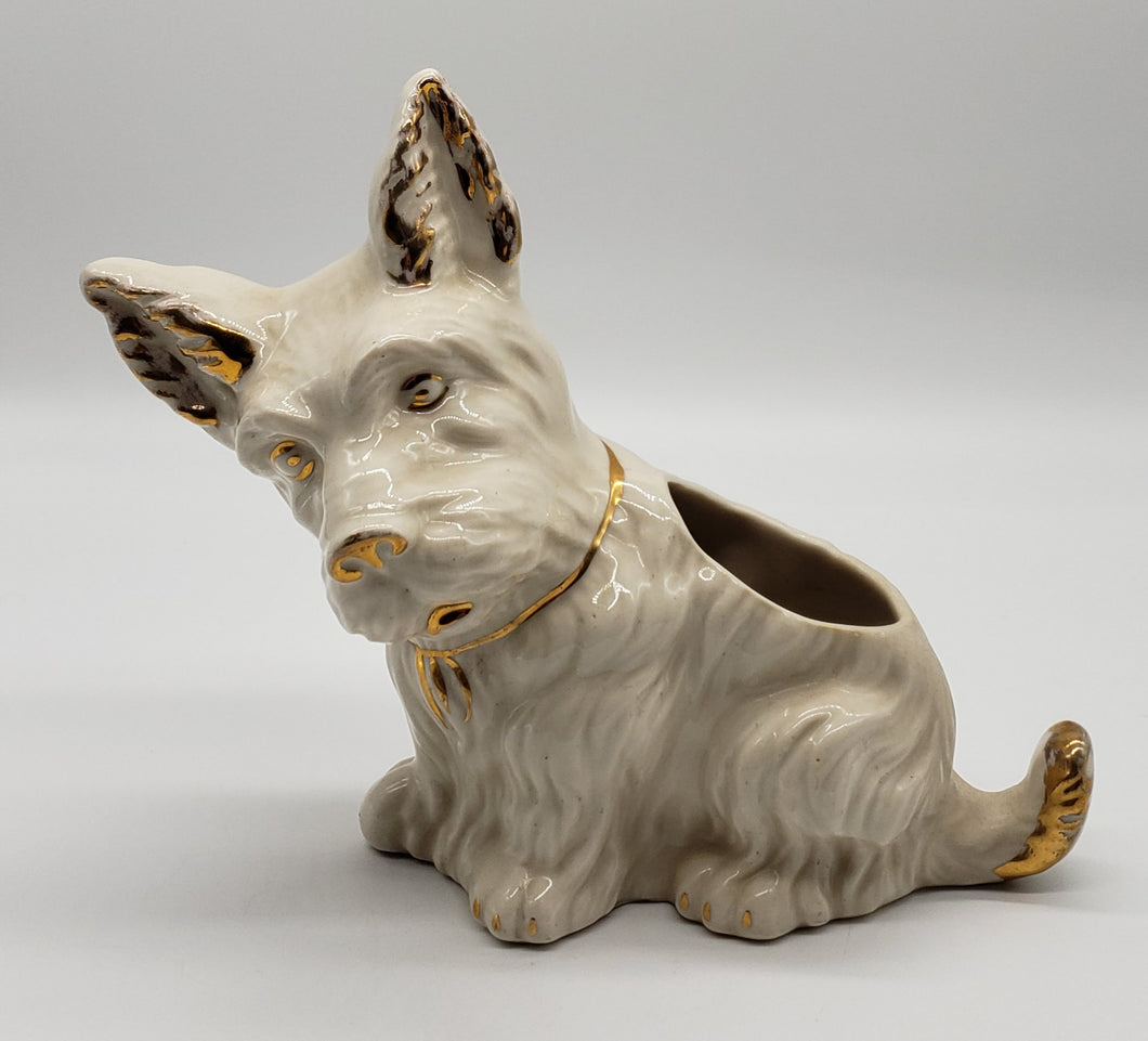White Ceramic Terrier Scottie Dog Planter Gold Trim