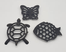 Load image into Gallery viewer, Set of three metal trivets - petite size - butterfly, fish, turtle
