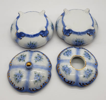 Porcelain Vanity Set Hair Receiver Powder Box Hand Painted Floral Flowers