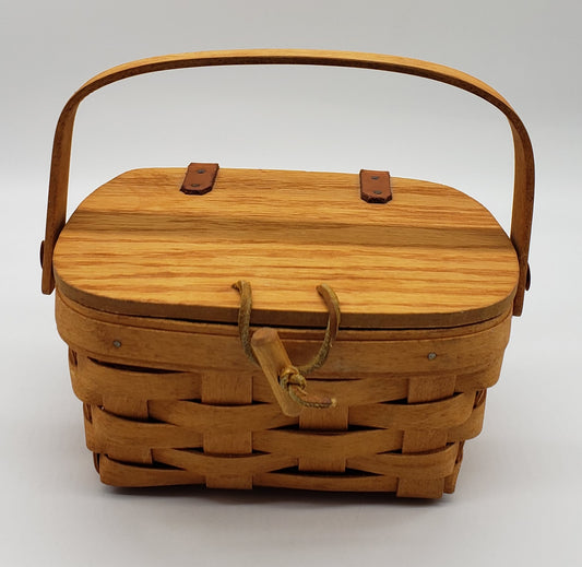 Vintage Longaberger Picnic Basket Wood Lid Bottom Leather Handle