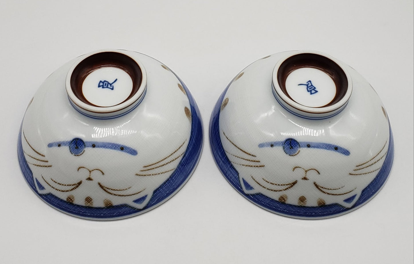 Happy Cat Noodle Rice Soup Bowl Blue Japan Porcelain (set of 2)