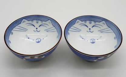 Happy Cat Noodle Rice Soup Bowl Blue Japan Porcelain (set of 2)