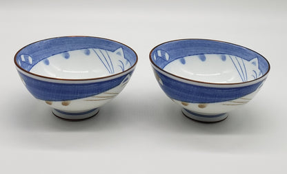 Happy Cat Noodle Rice Soup Bowl Blue Japan Porcelain (set of 2)