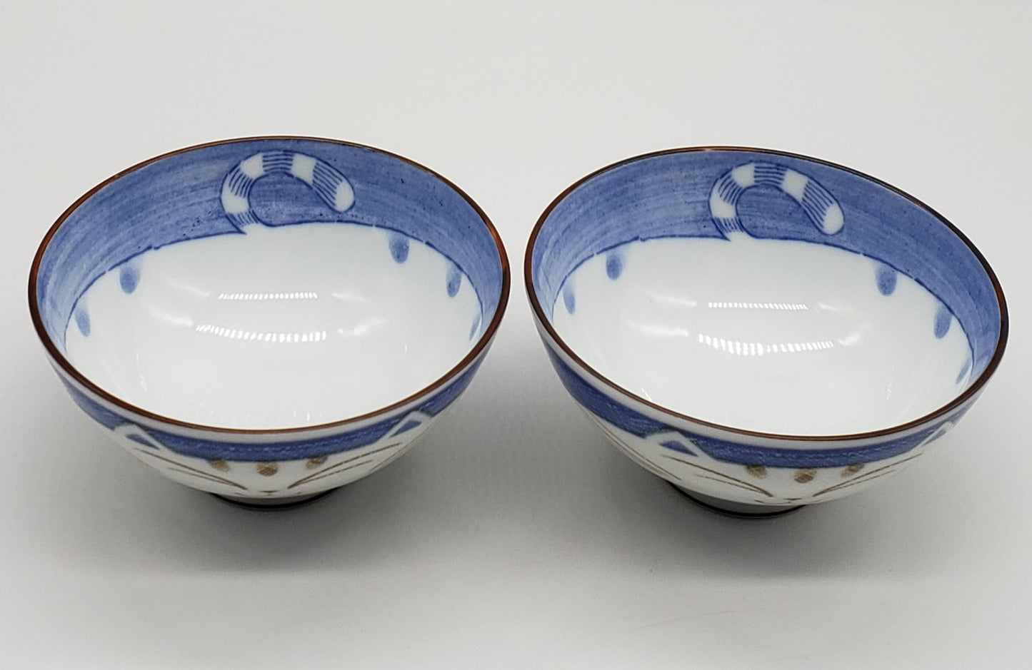 Happy Cat Noodle Rice Soup Bowl Blue Japan Porcelain (set of 2)