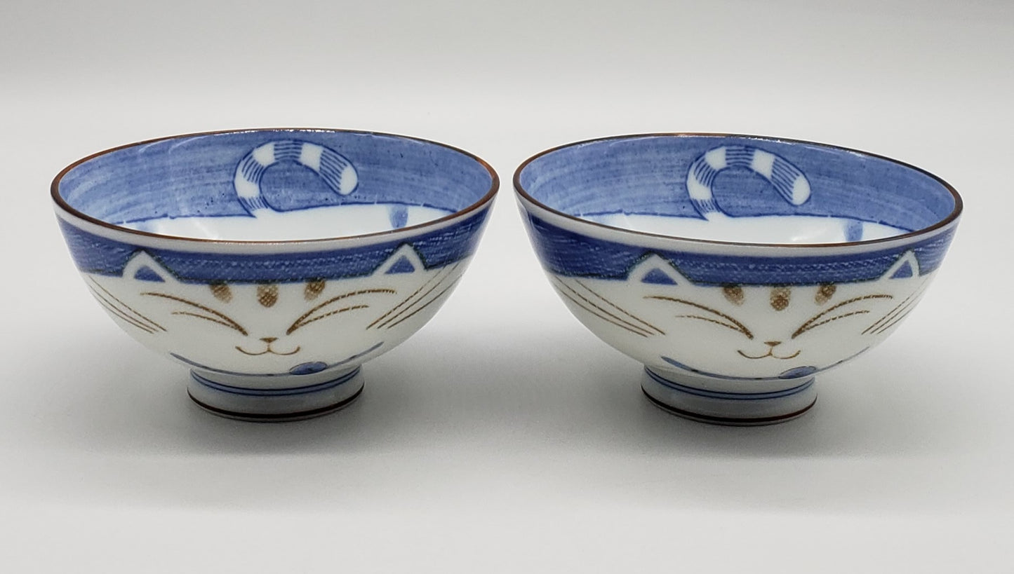 Happy Cat Noodle Rice Soup Bowl Blue Japan Porcelain (set of 2)