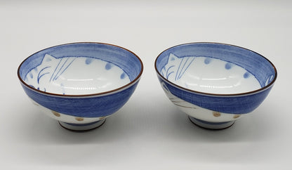 Happy Cat Noodle Rice Soup Bowl Blue Japan Porcelain (set of 2)