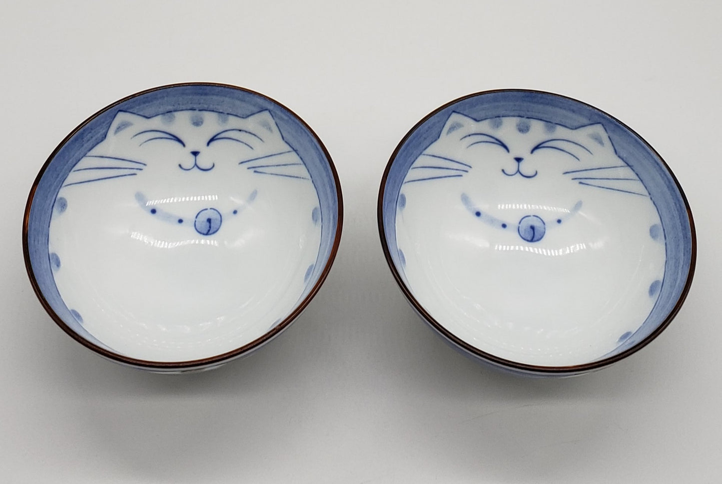 Happy Cat Noodle Rice Soup Bowl Blue Japan Porcelain (set of 2)