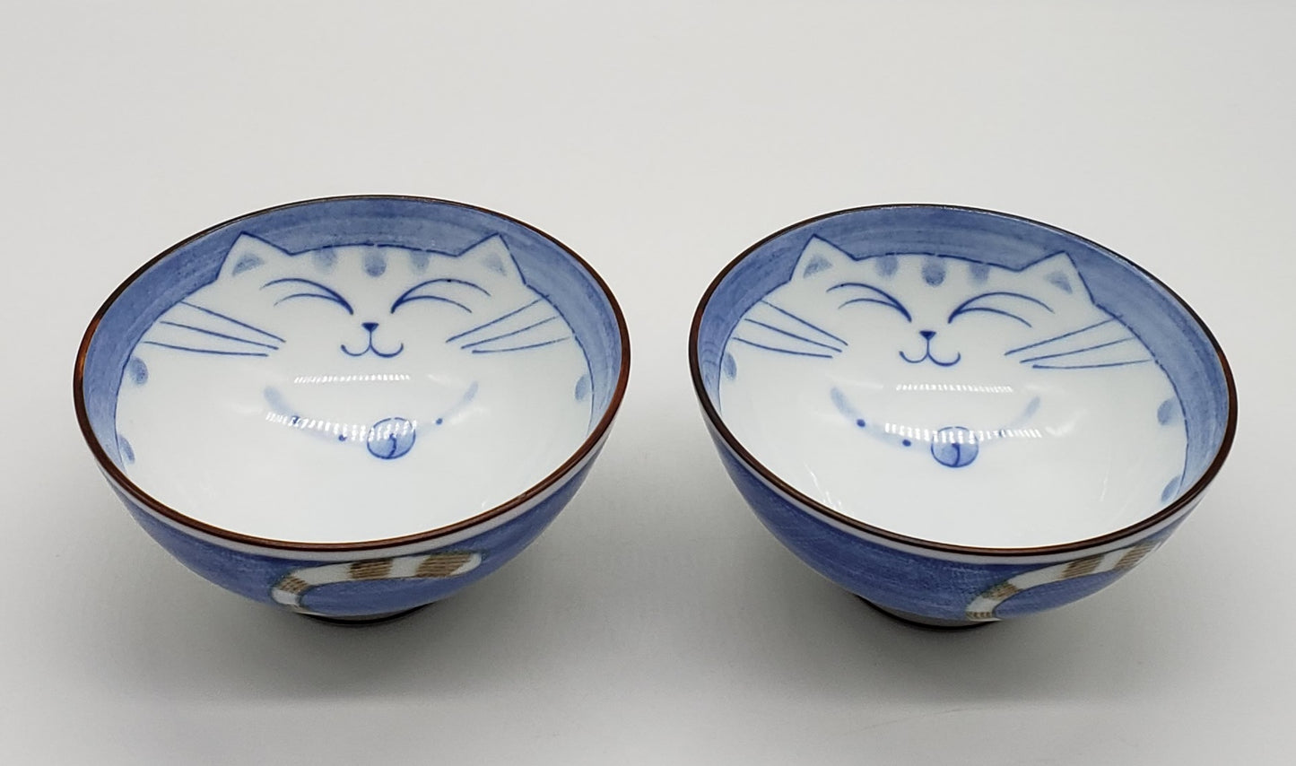 Happy Cat Noodle Rice Soup Bowl Blue Japan Porcelain (set of 2)