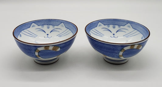 Happy Cat Noodle Rice Soup Bowl Blue Japan Porcelain (set of 2)