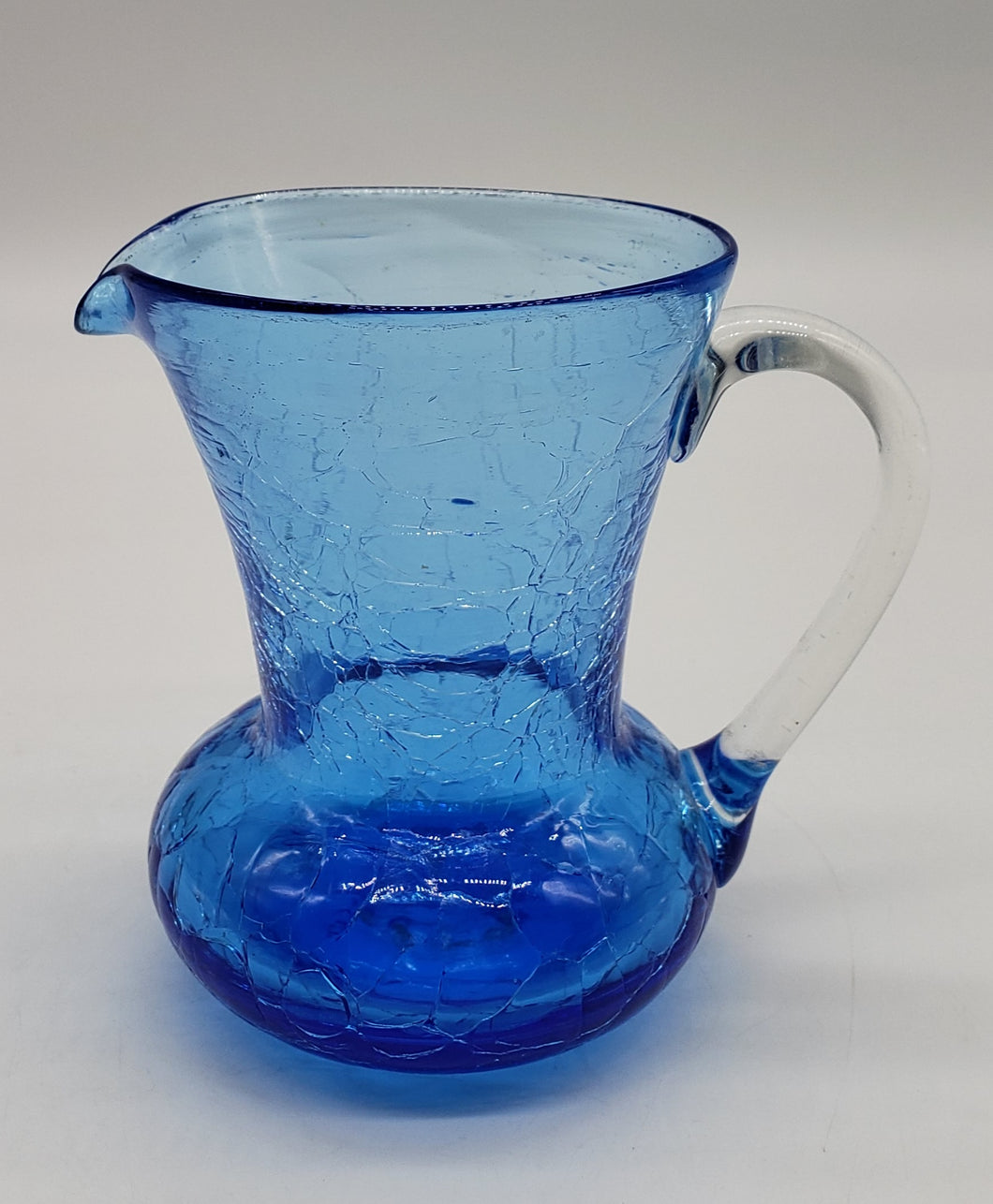 Blue Crackle Glass Pitcher With Clear Applied Handle