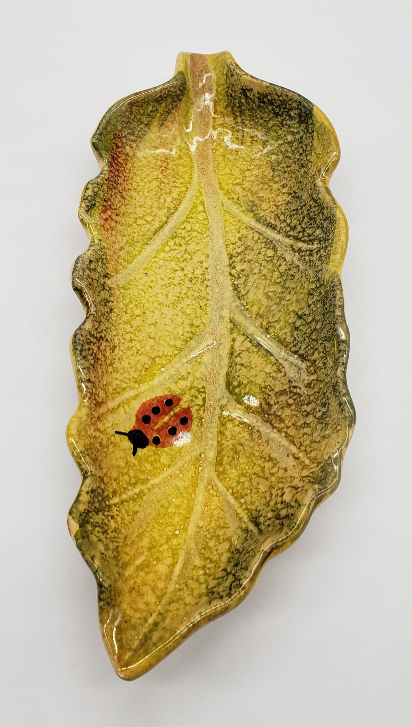 ITALICA ARS Hand Painted Italian Pottery Serving Dish Leaf w/ Ladybug 11.5x4.5"