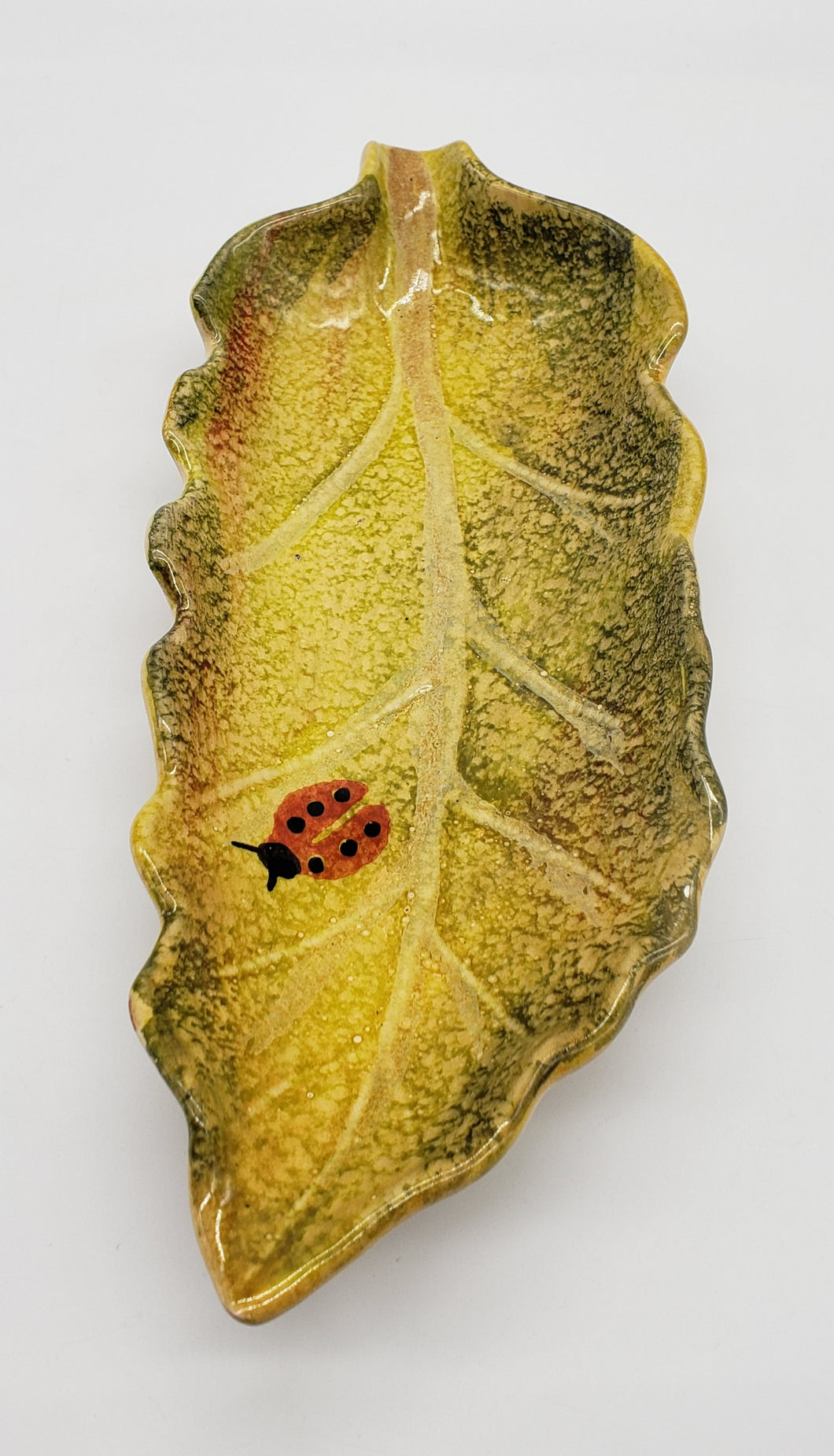 ITALICA ARS Hand Painted Italian Pottery Serving Dish Leaf w/ Ladybug 11.5x4.5
