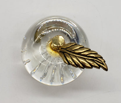 ART GLASS APPLE Paperweight Clear Controlled Bubbles Metal Gold Stem & Leaf