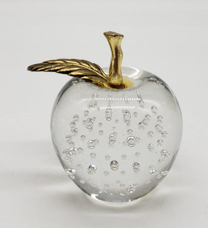 ART GLASS APPLE Paperweight Clear Controlled Bubbles Metal Gold Stem & Leaf