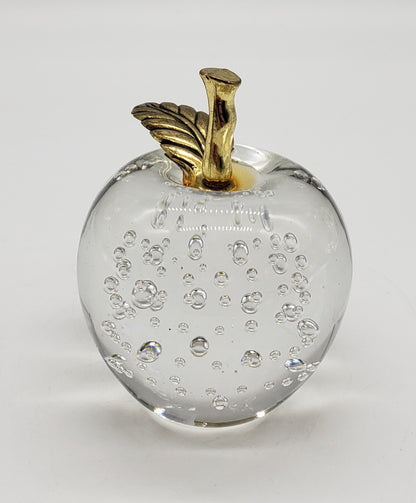 ART GLASS APPLE Paperweight Clear Controlled Bubbles Metal Gold Stem & Leaf