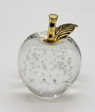 Load image into Gallery viewer, ART GLASS APPLE Paperweight Clear Controlled Bubbles Metal Gold Stem &amp; Leaf
