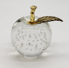 Load image into Gallery viewer, ART GLASS APPLE Paperweight Clear Controlled Bubbles Metal Gold Stem &amp; Leaf
