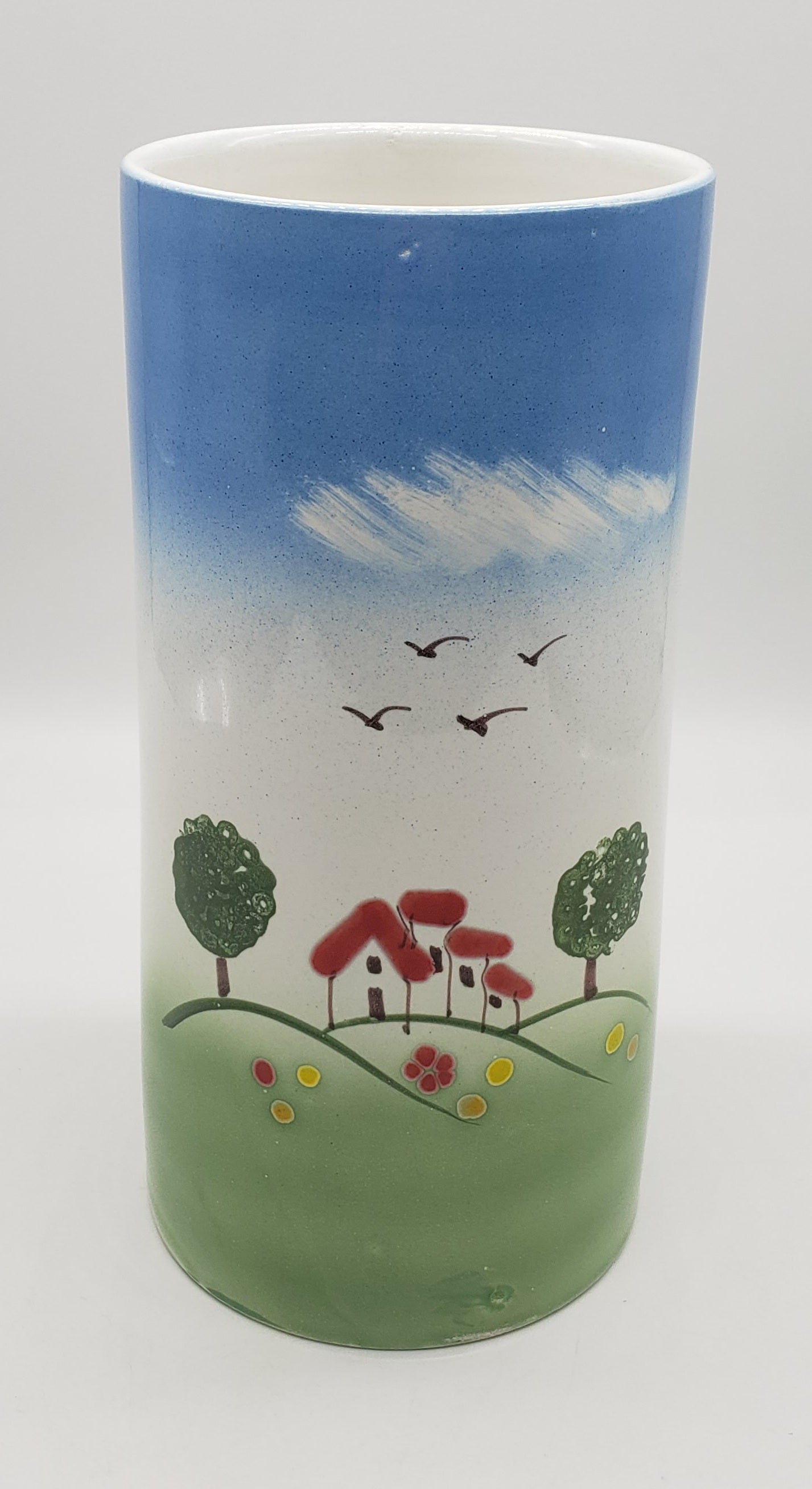 Pottery-8 Inch Tall / House Scene / Canister Made/Painted by hand in Italy