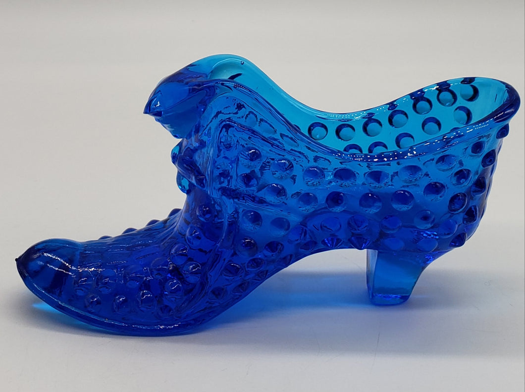 Fenton Art Glass Shoe Dark Blue Hobnail Cat Head Slipper